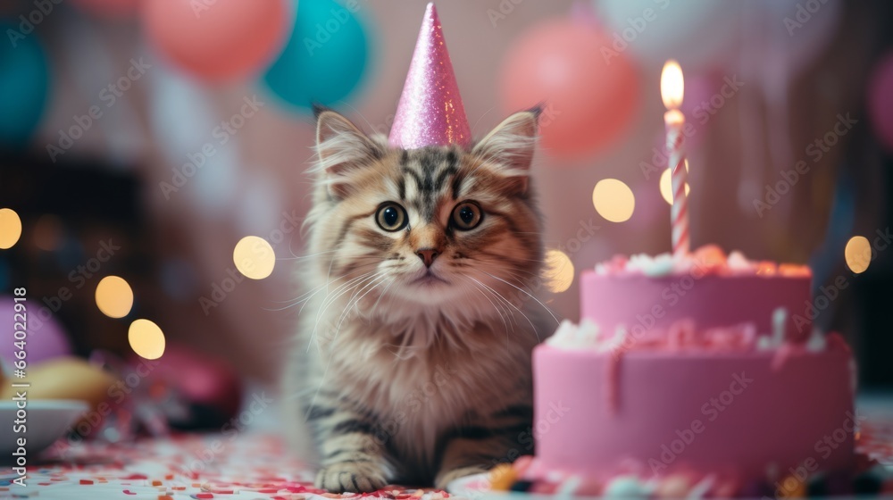 cat with cake, fluffy cat wearing a pink birthday hat lies on the floor cat with cake, fluffy cat wearing a pink birthday hat lies on the floor