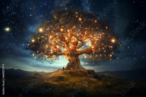 nighttime tree with twinkling lights. Generative AI