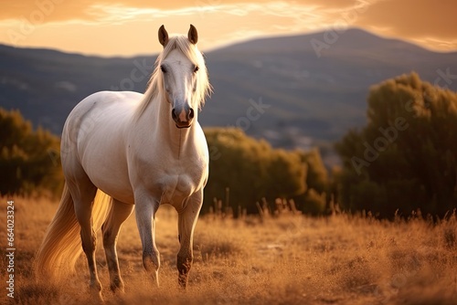 White horse or mare in the mountains at sunset.