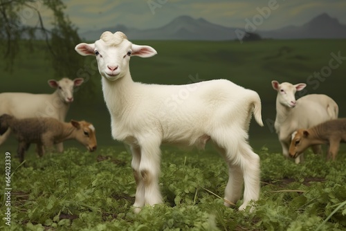 White lamb in a field in front of other animals.
