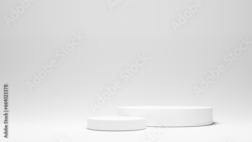 White empty podium or pedestal for product presentation on two floors. Round mockup platform on white background. 3d rendering