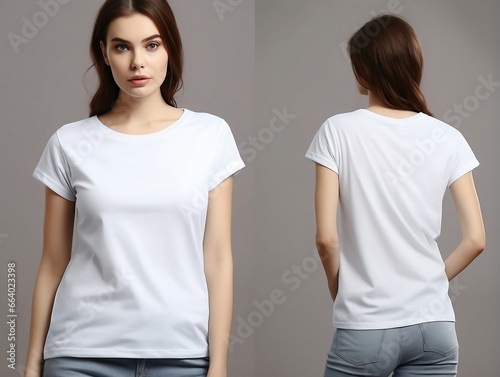 Front and Back View of Young Woman in Crisp White Tee: Perfect Blank Canvas for Apparel Design and Mockups