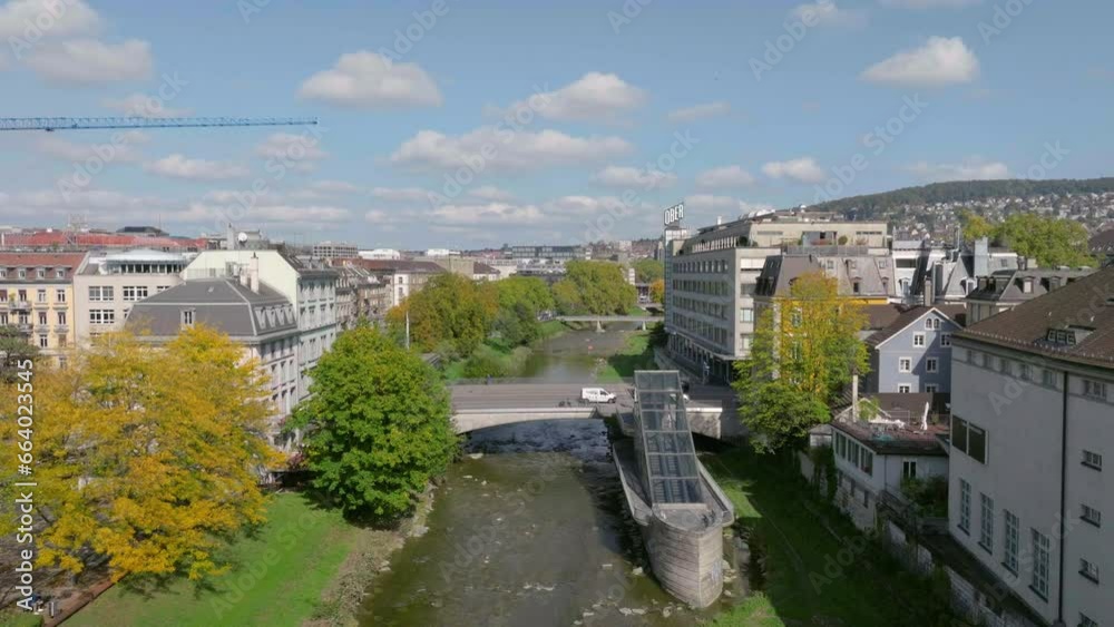 sunny day zurich city center canal traffic bridge aerial panorama 4k switzerland sunny day zurich city center canal traffic bridge aerial panorama 4k switzerland