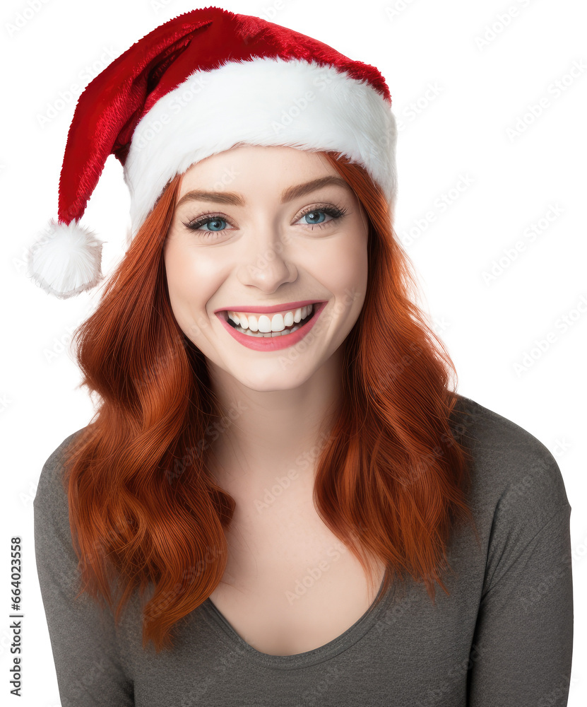 portrait of a beautiful smiling woman with red hair wearing a santa hat for christmas isolated on a white background as transparent PNG portrait of a beautiful smiling woman with red hair wearing a santa hat for christmas isolated on a white background as transparent PNG