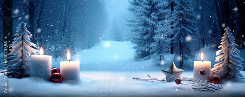 Winter Forest Landscape With Burning Candles Christmas Decoration. © ABGoni