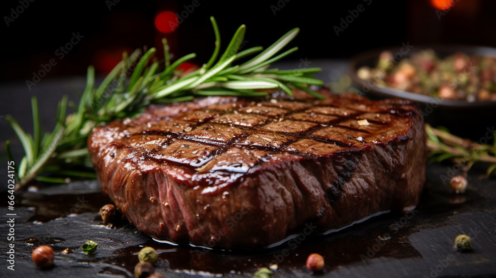 beef steak with spices and herbs on wooden board