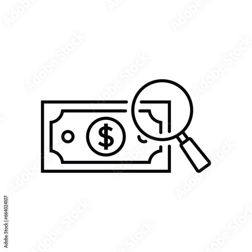 Fotografie cash money under a magnifying glass icon, dollar bank bill, check currency for a