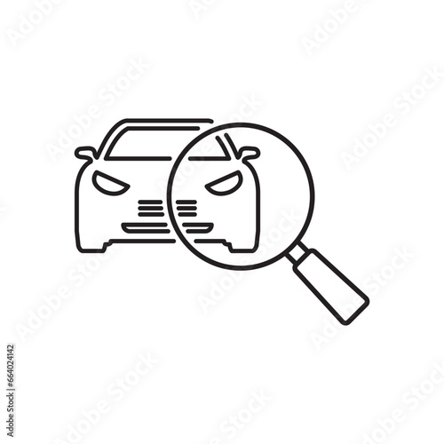 technical inspection car icon, magnifying glass with vehicle, auto search, thin line symbol on white background - editable stroke vector illustration