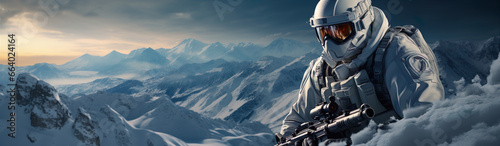 Special Forces Soldier In Winter Mountainous Terrain. Illustration On The Theme Of Cinema And Wars, TV Series And Actors. Generative AI