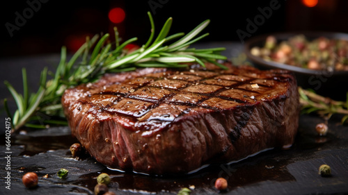 beef steak with spices and herbs on wooden board