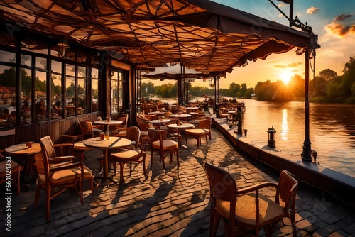 extreme view, of ouside cafe, on the river bank, sunset, a beautiful evening view