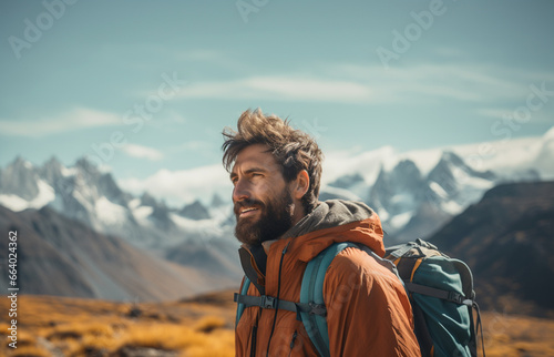 hiker in a landscape of snowy mountains