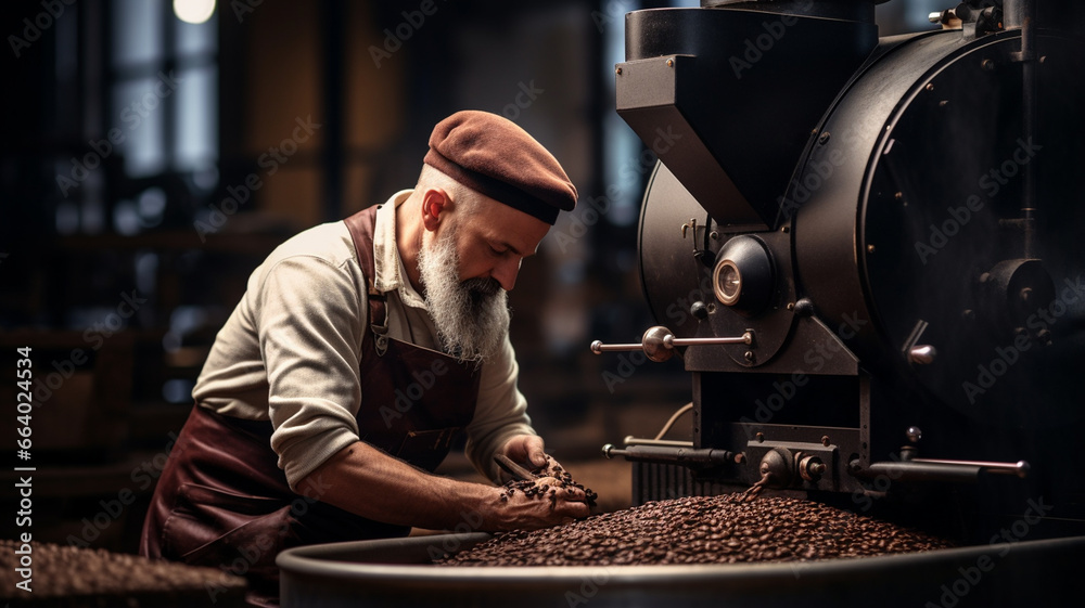 A man processes coffee beans