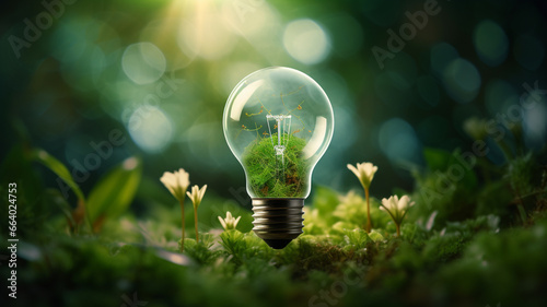 light bulb with green plant inside on green grass, nature and environment concept