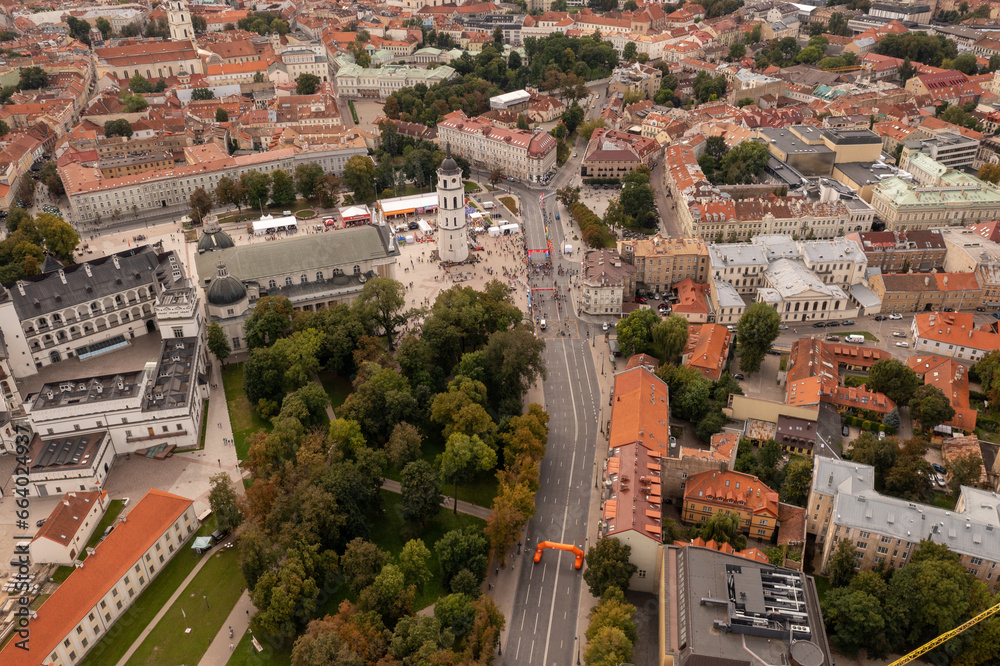 Drone photography of closed up city a for a marathon and meeting place in a city center