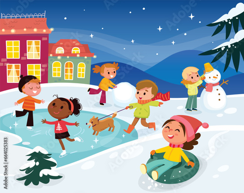 Children's winter activities. Vector winter scene with kids making building snowman and skating on frozen pond lake in snowy park, forest during snowfall