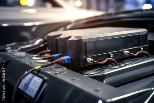 An image of an electric car battery pack and power connections on the background of an electric vehicle. Generative AI