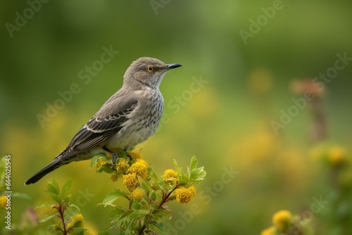A bird, probably a mockingbird, rests on a branch amidst a bright meadow. Generative AI