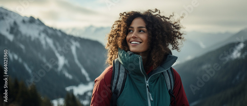 brunette curly haired woman hiking in snowy mountains