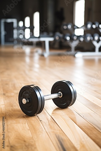 Pair of dumbbells on a wooden floor in a gym. Great for fitness, workout, and exercise concepts.
