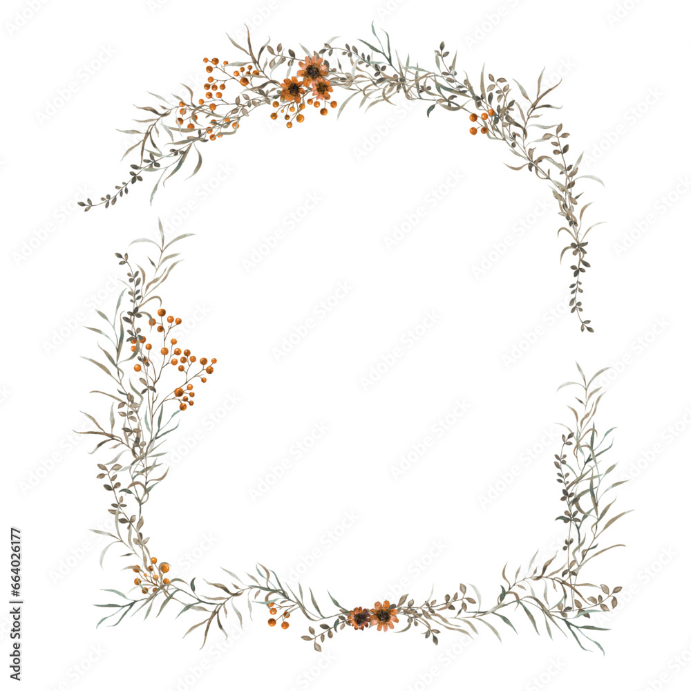 Obraz premium Flowers - Leaves Frame Watercolor Sanddorn Orangebouquets flowers Aquarell Clipart, Einladung 