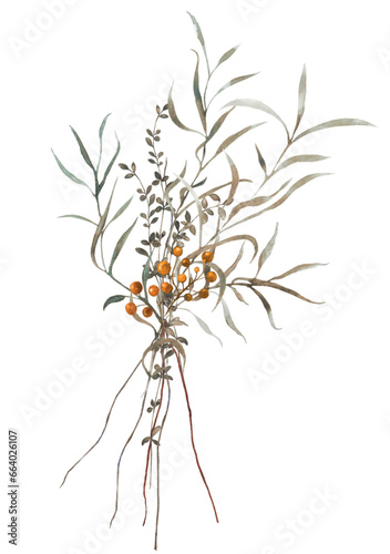 Flowers - Leaves Frame Watercolor Sanddorn Orangebouquets flowers Aquarell Clipart, Einladung 