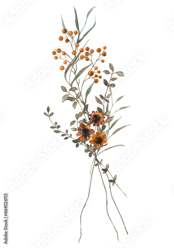 Flowers - Leaves Frame Watercolor Sanddorn Orangebouquets flowers Aquarell Clipart, Einladung 