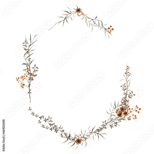 Flowers - Leaves Frame Watercolor Sanddorn Orangebouquets flowers Aquarell Clipart, Einladung 