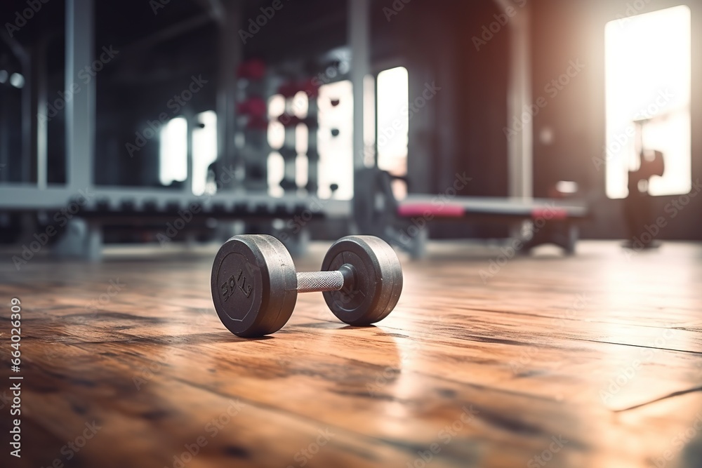 Pair of dumbbells on a wooden floor in a gym. Great for fitness, workout, and exercise concepts. Pair of dumbbells on a wooden floor in a gym. Great for fitness, workout, and exercise concepts.
