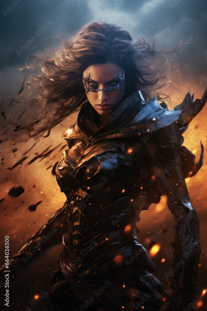 Evil pretty woman set against a flaming fantasy supernatural background. intense expression. action pose. Superhero, antihero, superpowers, hero, villain, rogue, fantasy action pose fiction costume. 