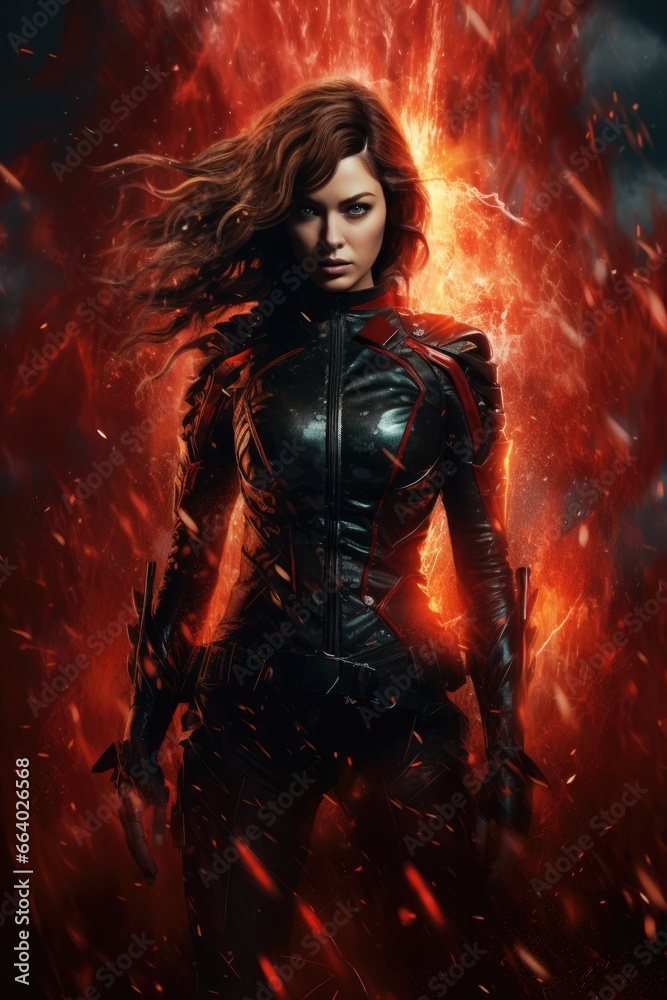 flaming red fantasy background. stern woman with long brown hair. black latex suit. sexy, seductive. Superhero, antihero, superpowers, hero, villain, rogue, fantasy action pose fiction costume. 