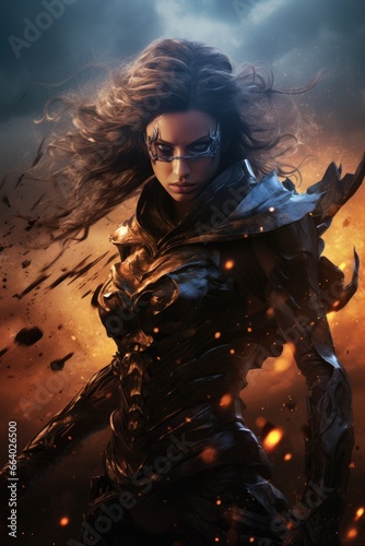 Evil pretty woman set against a flaming fantasy supernatural background. intense expression. action pose. Superhero, antihero, superpowers, hero, villain, rogue, fantasy action pose fiction costume. 