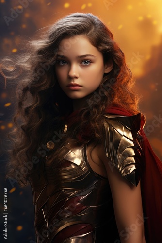 Pretty young girl with brown wavy hair. Chrome metallic Armour. red cape cloak. flaming fantasy background Superhero, antihero, superpowers, hero, villain, rogue, fantasy action pose fiction costume. 