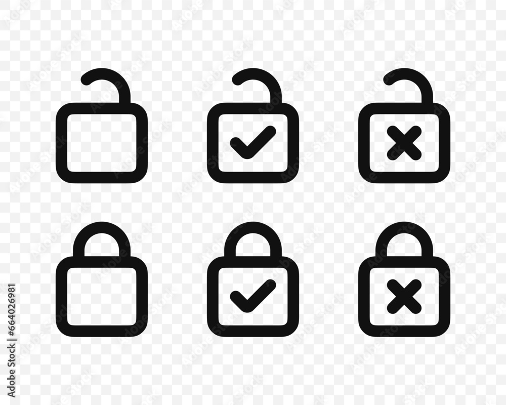 Lock and Unlock icon vector set. Padlock sign and symbol. Security symbol. Open and close Padlock with check mark and cross Lock and Unlock icon vector set. Padlock sign and symbol. Security symbol. Open and close Padlock with check mark and cross
