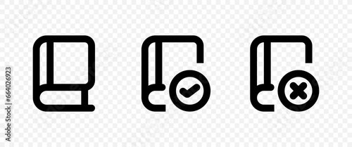 Book icon with check mark and cross. Book symbol isolated. Vector EPS 10