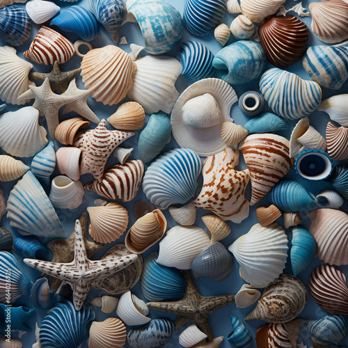 Fondo con detalle y textura de multitud de conchas y elementos marinos de tonos blancos y azules