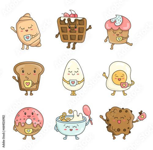 Funny breakfast characters. Variety cute kawaii food with cartoon faces. Toast, egg, croissant, donut, waffle with coffee cup. Hand drawn style. Vector drawing. Collection of design elements.