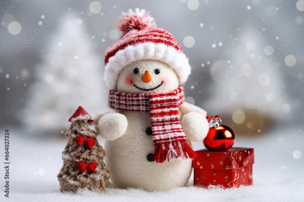 A Happy and Smiling Snowman with a Red Hat and Scarf Next to a Christmas Tree and Red Wrapped Presents in a Winter Background A Happy and Smiling Snowman with a Red Hat and Scarf Next to a Christmas Tree and Red Wrapped Presents in a Winter Background