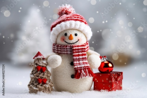 A Happy and Smiling Snowman with a Red Hat and Scarf Next to a Christmas Tree and Red Wrapped Presents in a Winter Background © mia.n_official