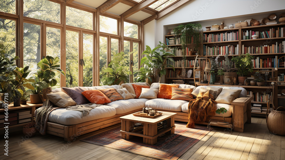 Stylish scandinavian living room with design furniture, plants, bookstand and wooden desk. Modern decor of bright room. Created with Generative AI Stylish scandinavian living room with design furniture, plants, bookstand and wooden desk. Modern decor of bright room. Created with Generative AI