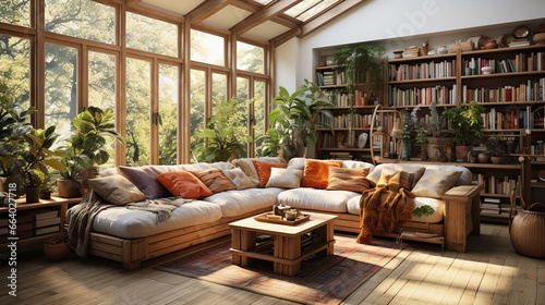 Stylish scandinavian living room with design furniture, plants, bookstand and wooden desk. Modern decor of bright room. Created with Generative AI