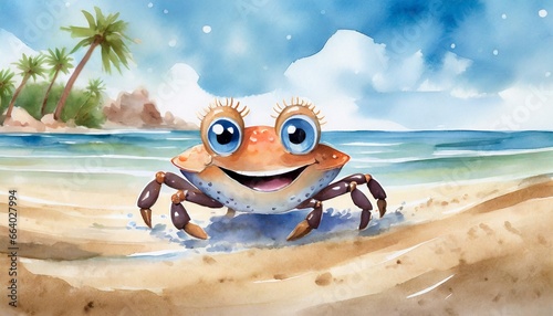 Cute Baby Crab Illustration in Children's Book Style, Watercolor Effect