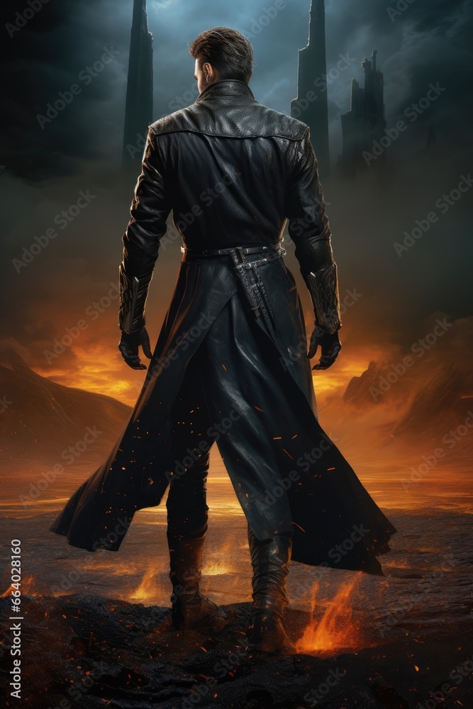 Rogue handsome man rear back view. looking over his shoulder. black latex suit cape. noir fantasy sci fi. Superhero, antihero, superpowers, hero, villain, rogue, fantasy action pose fiction costume.  - obrazy, fototapety, plakaty 