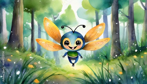 Cute Baby Firefly Illustration in Children s Book Style  Watercolor Effect