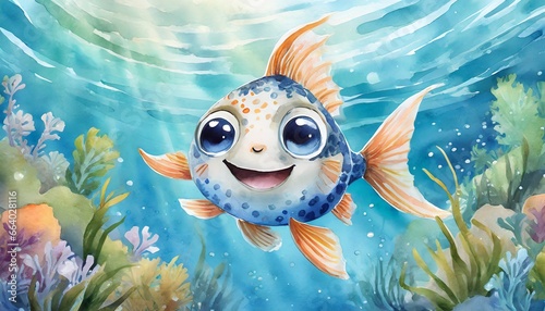 Cute Baby Fish Illustration in Children s Book Style  Watercolor Effect