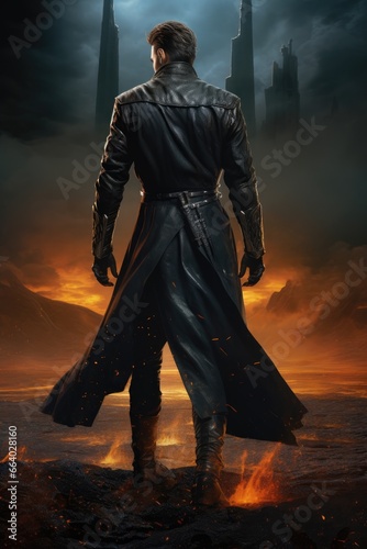 Rogue handsome man rear back view. looking over his shoulder. black latex suit cape. noir fantasy sci fi. Superhero, antihero, superpowers, hero, villain, rogue, fantasy action pose fiction costume. 