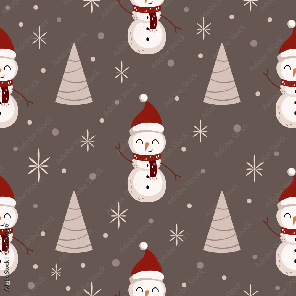 Winter Seamless pattern with snowman and christmas tree in cartoon flat style. Winter pattern