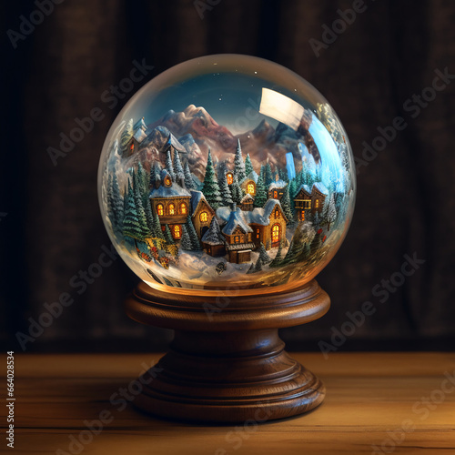 A glass sphere with the town of christmas