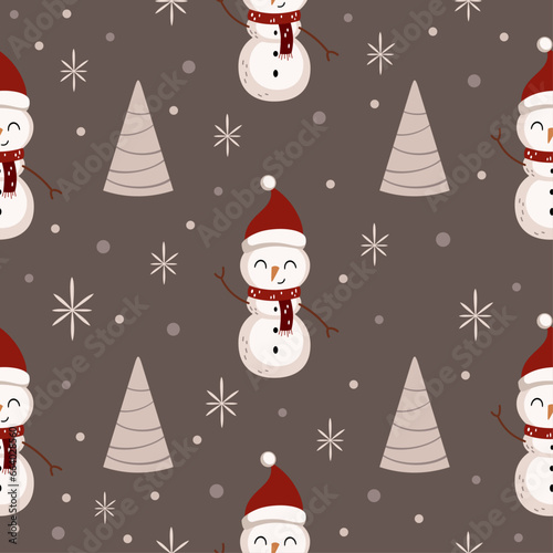 Winter Seamless pattern with snowman and christmas tree in cartoon flat style. Winter pattern