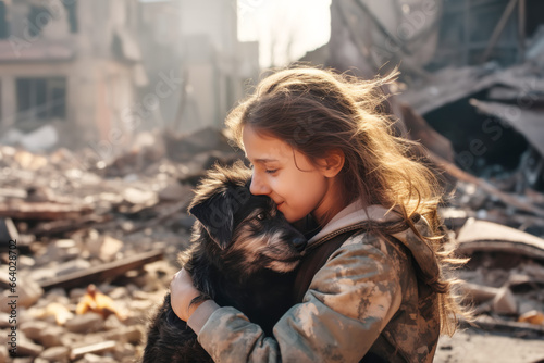 Girl hugging a dog in destroyed city rubble. Survivors of bombing or earthquake disaster photo